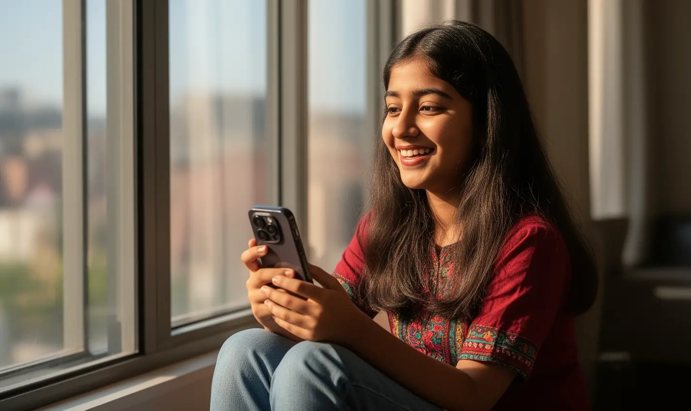 Young Bangladeshi woman relaxing by a window while using the 70BD casino app on her smartphone with a smile on her face