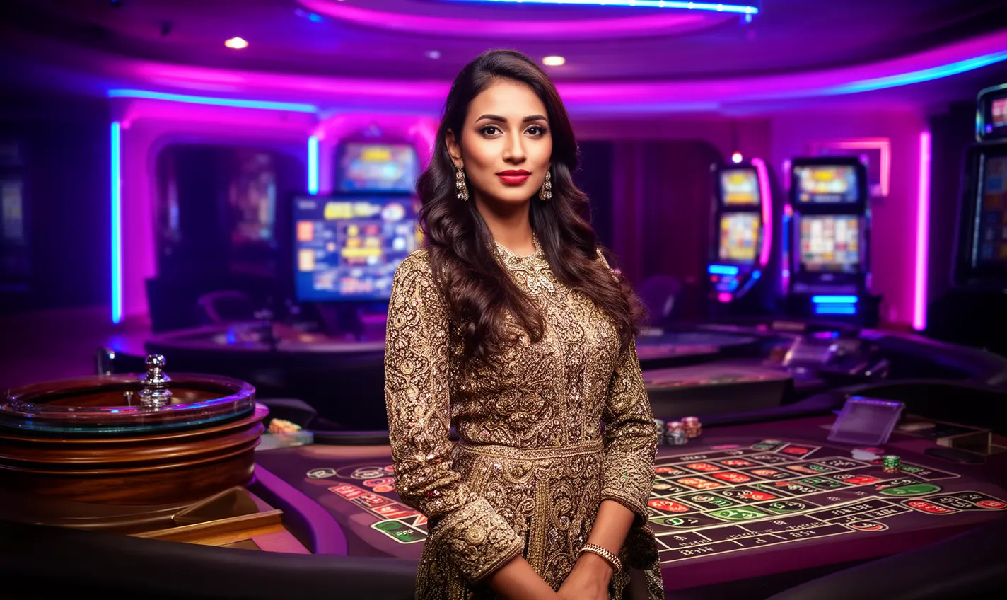 Elegant casino hostess standing in a modern gaming studio with vibrant lighting and live casino tables showcasing the premium 70BD gaming atmosphere for Bangladesh