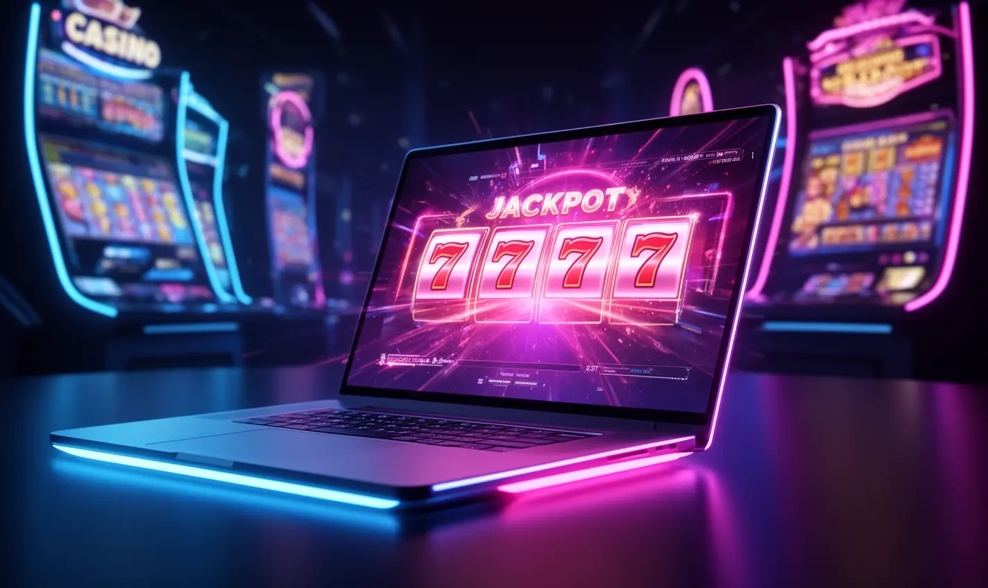 Modern laptop displaying a vibrant slot machine with triple sevens in a neon casino setting showcasing the immersive online gaming experience at 70BD for players in Bangladesh